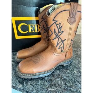 Cebu Mens Waterproof Steel Toe Western Work Boots‎ Tan Leather shoes-STL 10.5